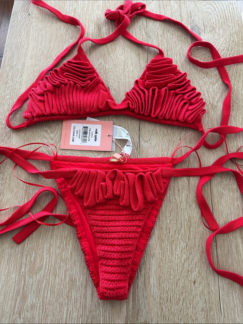 cult gaia Red Ruffled Crochet Triangle Bikini- Carita Bikini